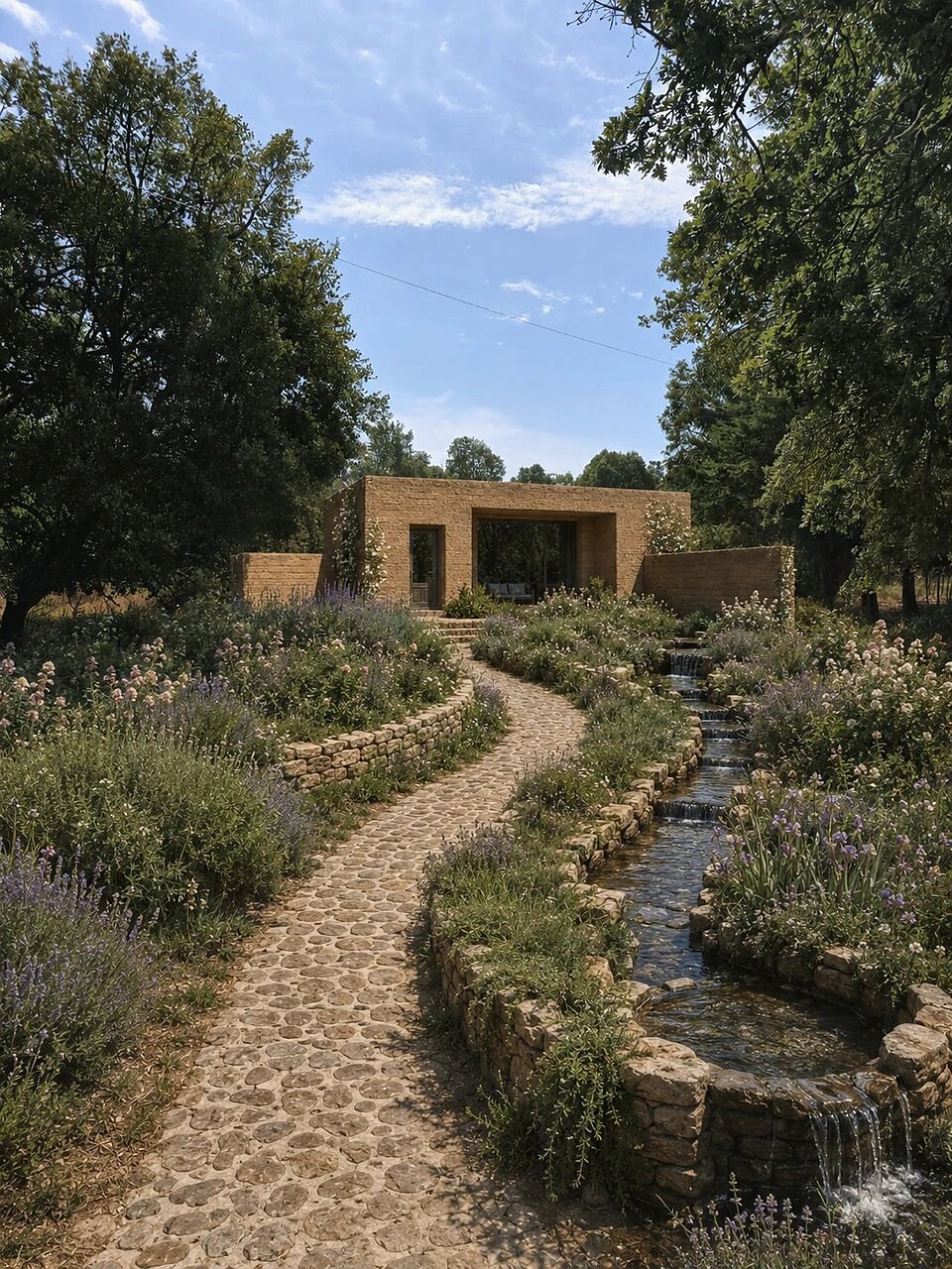 A stone path beside a tiered water rill leading to an earthen pavilion among mature trees
